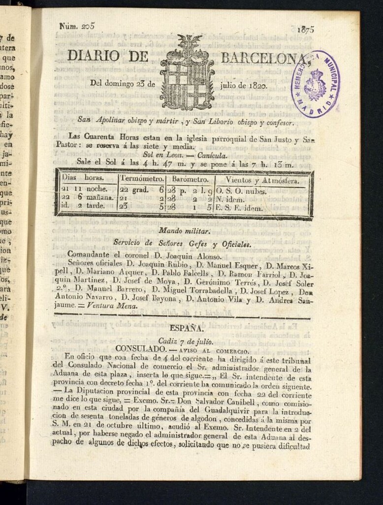 Miniatura de Diario de Barcelona del 23 de julio de 1820