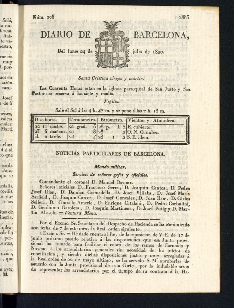 Miniatura de Diario de Barcelona del 24 de julio de 1820