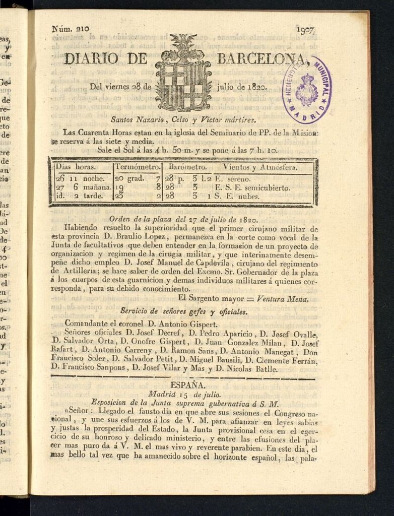 Miniatura de Diario de Barcelona del 28 de julio de 1820