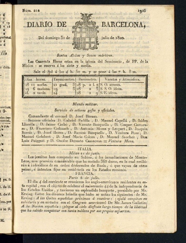 Miniatura de Diario de Barcelona del 30 de julio de 1820