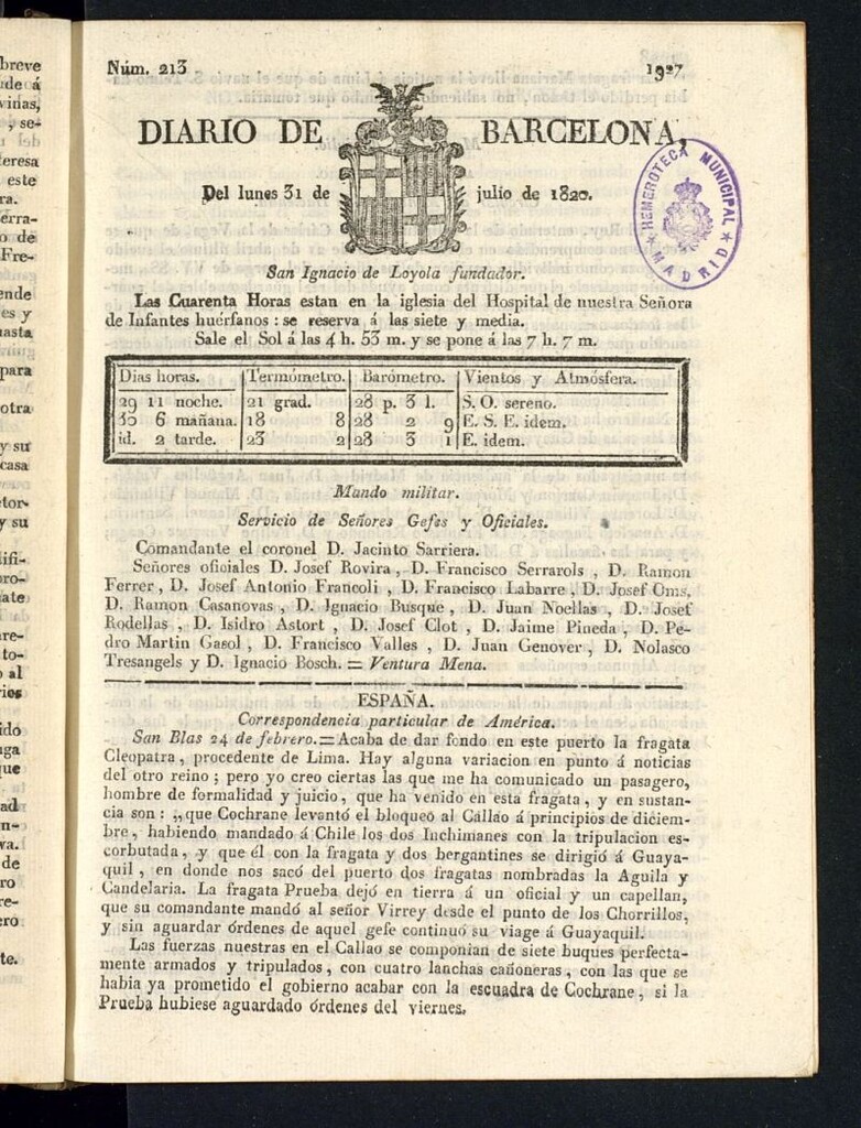 Miniatura de Diario de Barcelona del 31 de julio de 1820