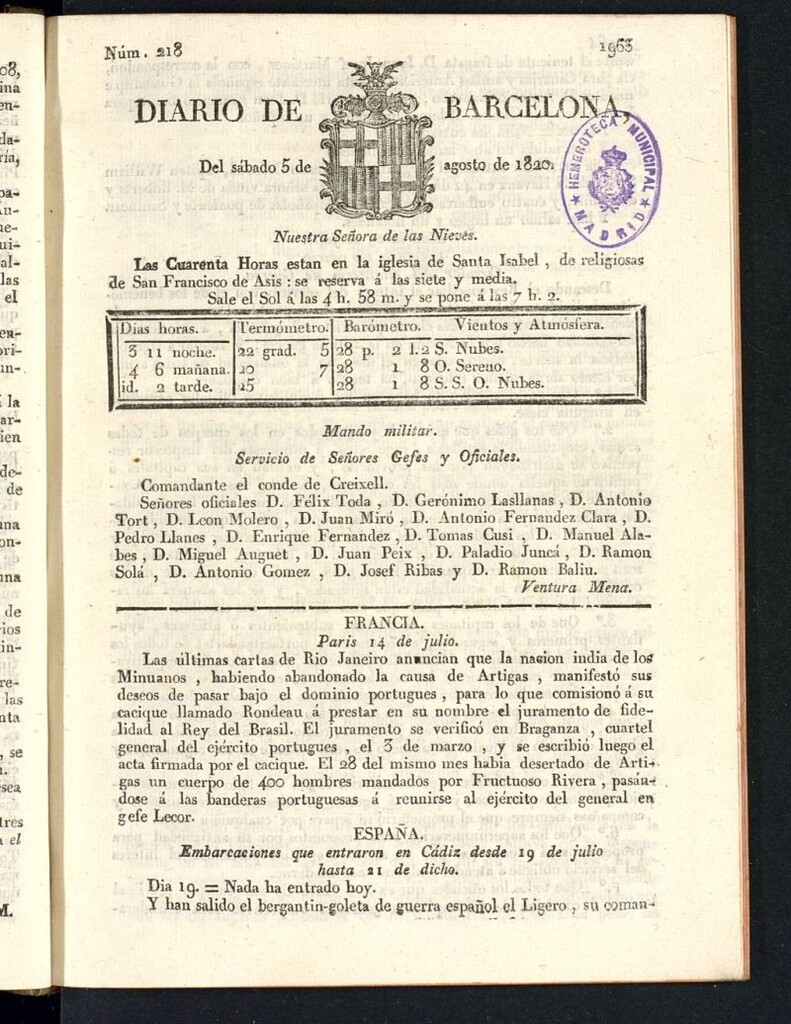 Miniatura de Diario de Barcelona del 5 de agosto de 1820