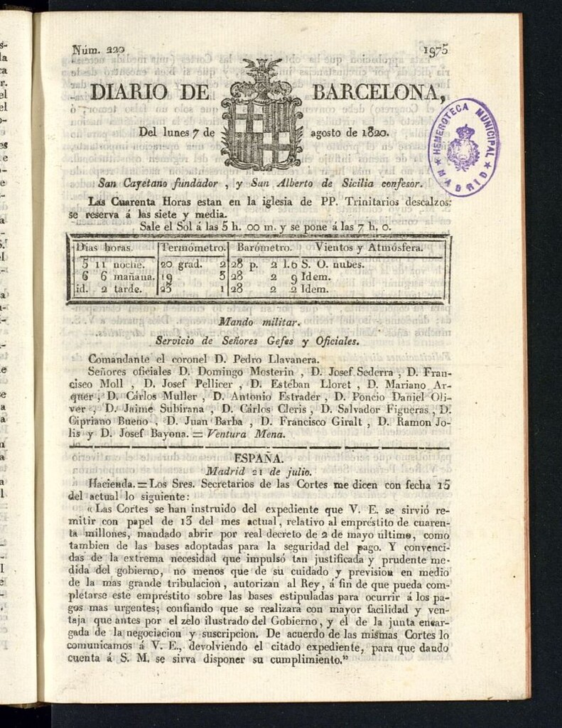 Miniatura de Diario de Barcelona del 7 de agosto de 1820
