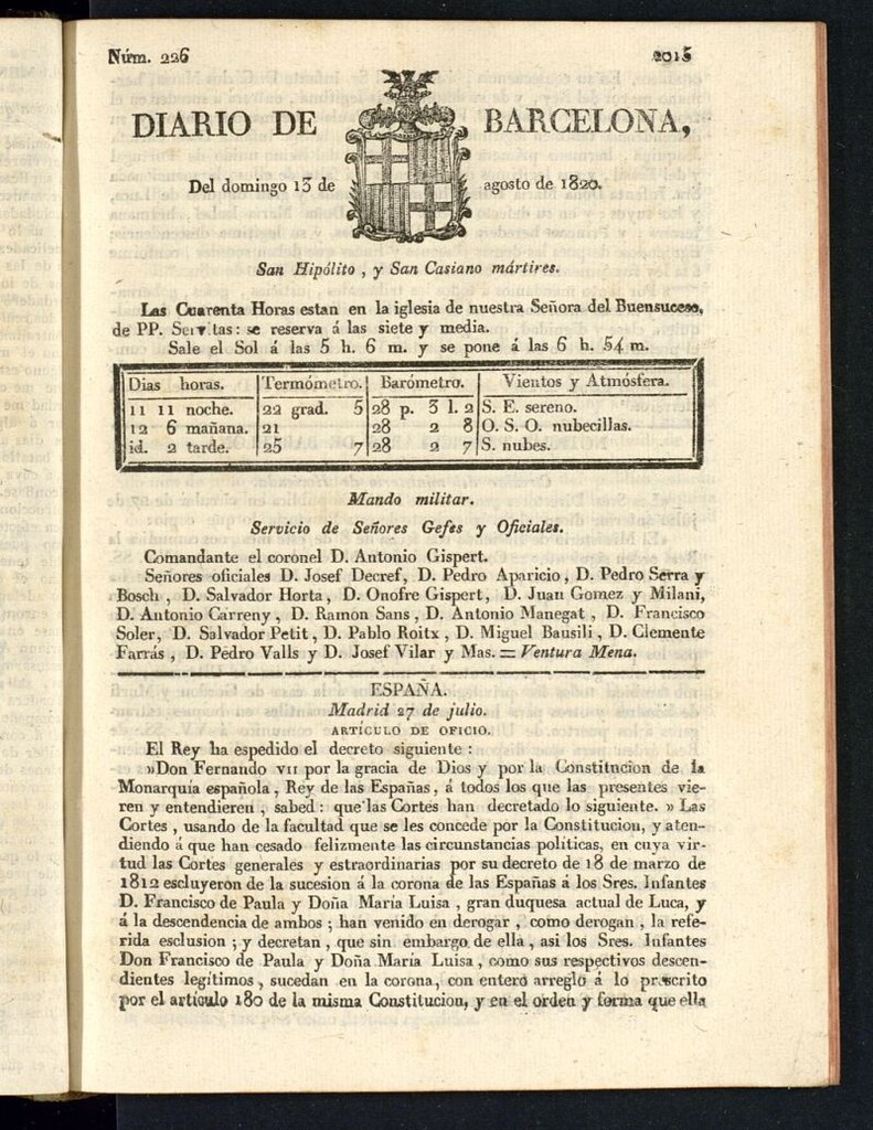 Miniatura de Diario de Barcelona del 13 de agosto de 1820