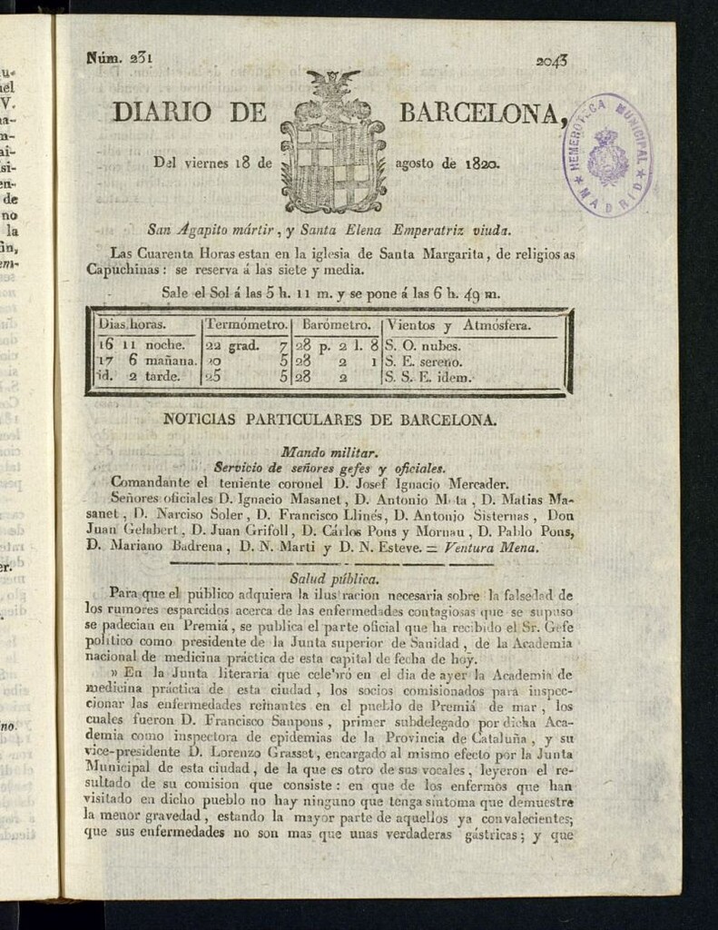 Miniatura de Diario de Barcelona del 18 de agosto de 1820