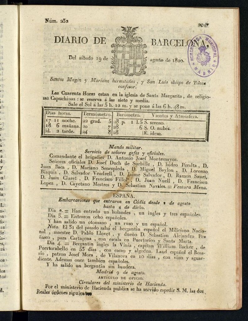 Miniatura de Diario de Barcelona del 19 de agosto de 1820