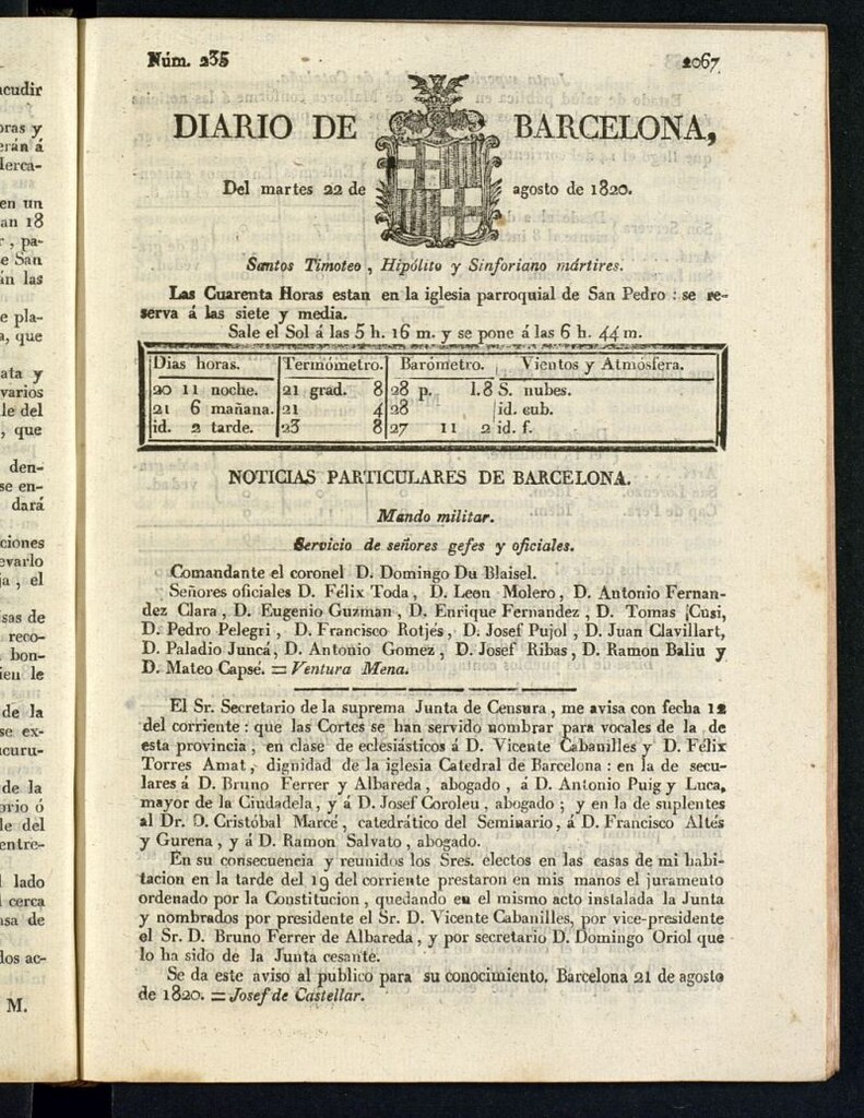 Miniatura de Diario de Barcelona del 22 de agosto de 1820