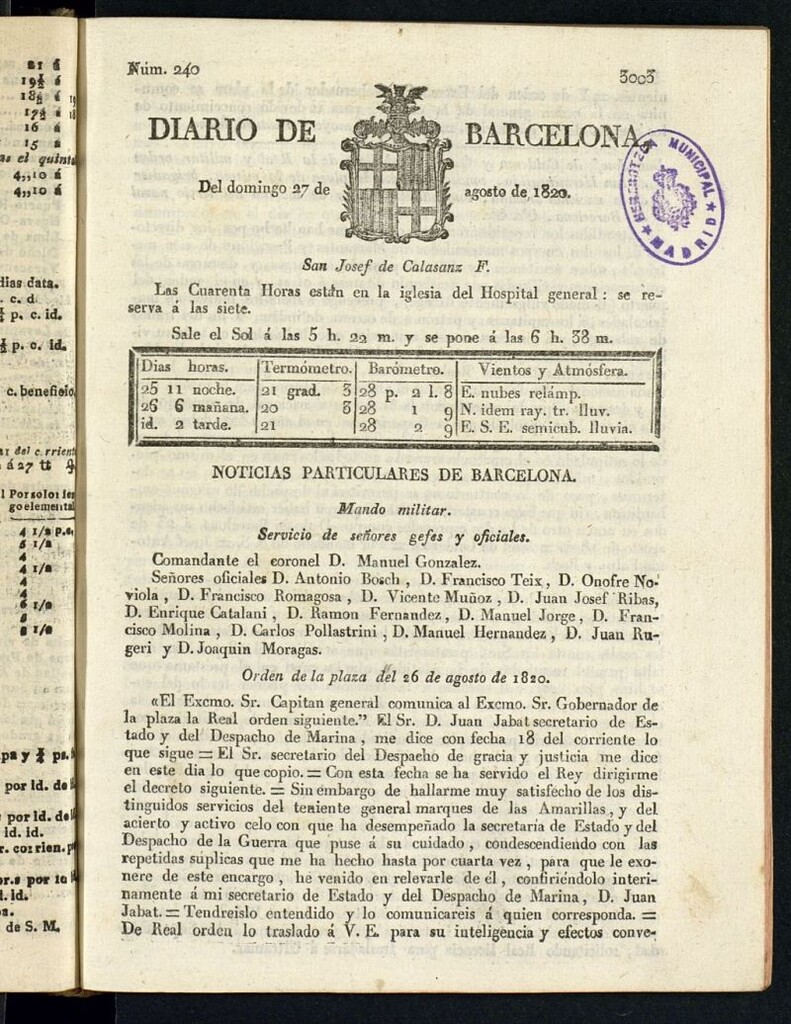 Miniatura de Diario de Barcelona del 27 de agosto de 1820