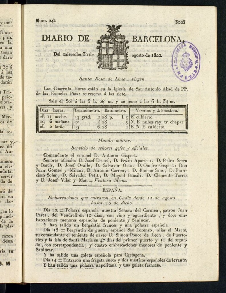 Miniatura de Diario de Barcelona del 30 de agosto de 1820