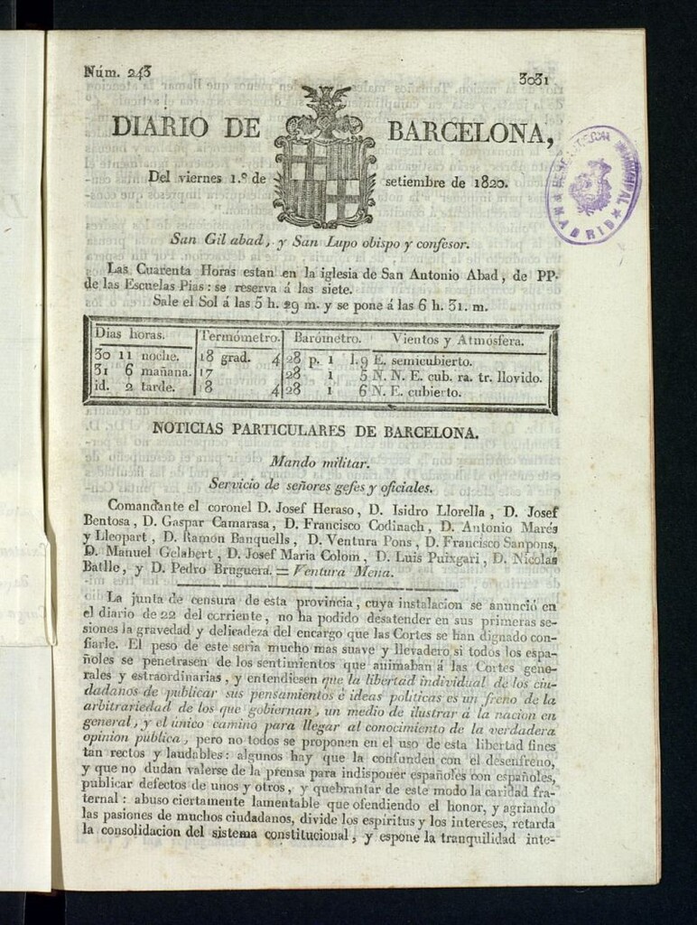 Miniatura de Diario de Barcelona del 1 de septiembre de 1820
