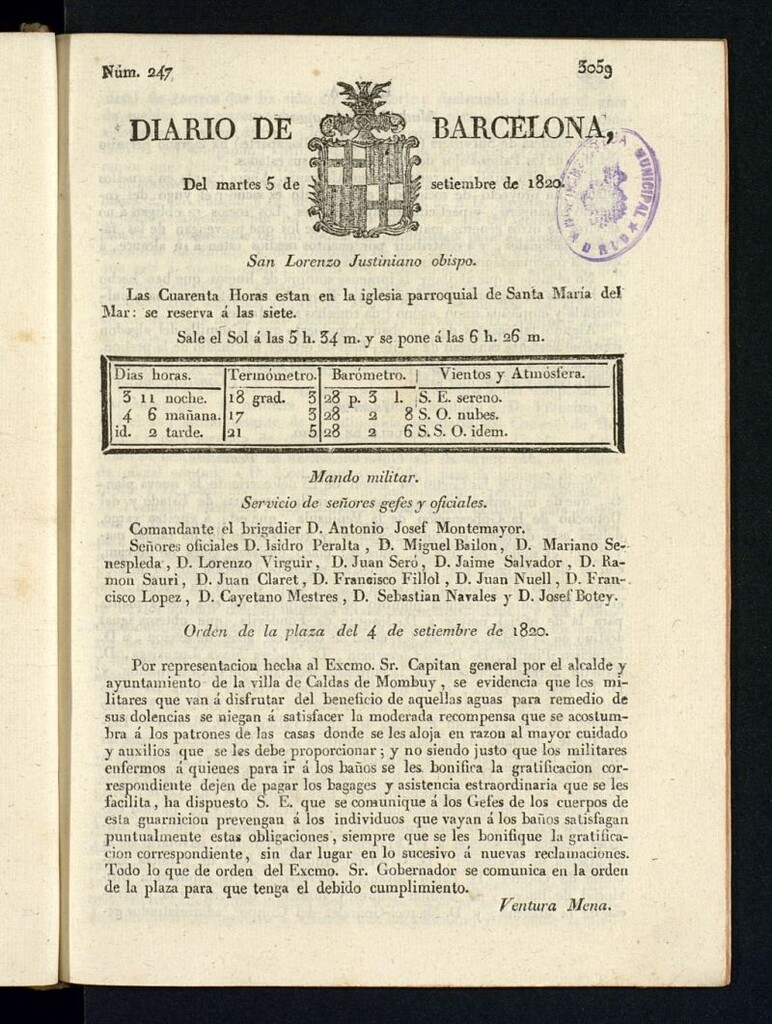 Miniatura de Diario de Barcelona del 5 de septiembre de 1820