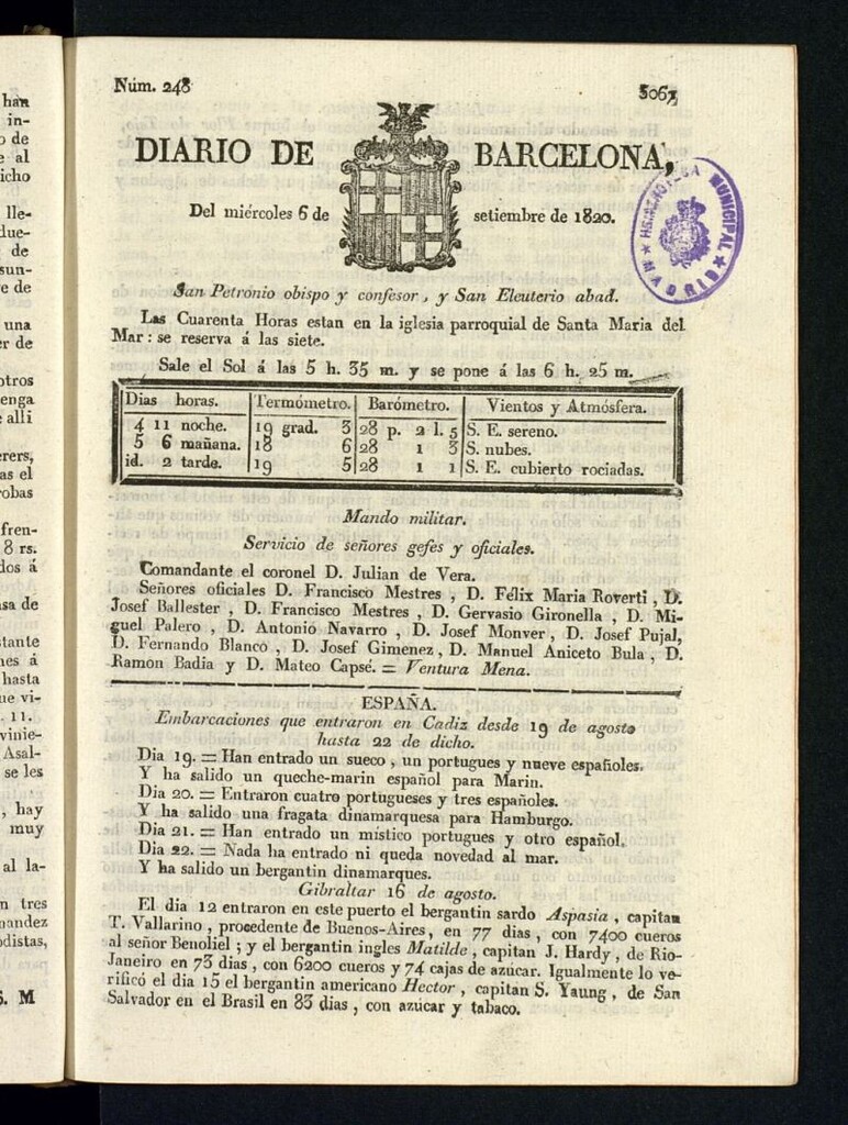 Miniatura de Diario de Barcelona del 6 de septiembre de 1820