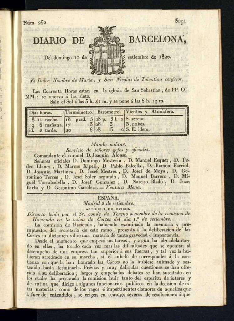 Miniatura de Diario de Barcelona del 10 de septiembre de 1820