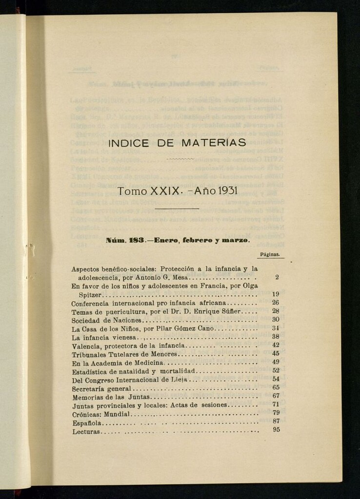 Miniatura de Pro Infantia : boletín del Consejo Superior de Protección a la Infancia y Represión de la Mendicidad de 1931. Índices