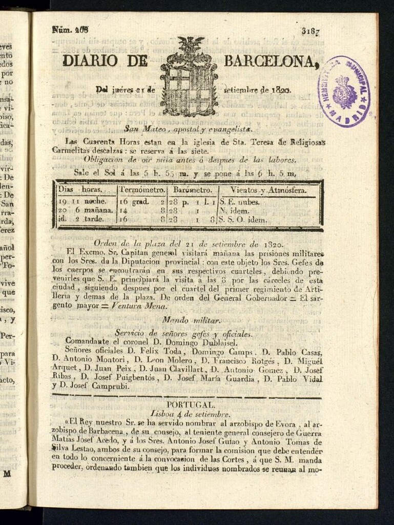 Miniatura de Diario de Barcelona del 21 de septiembre de 1820