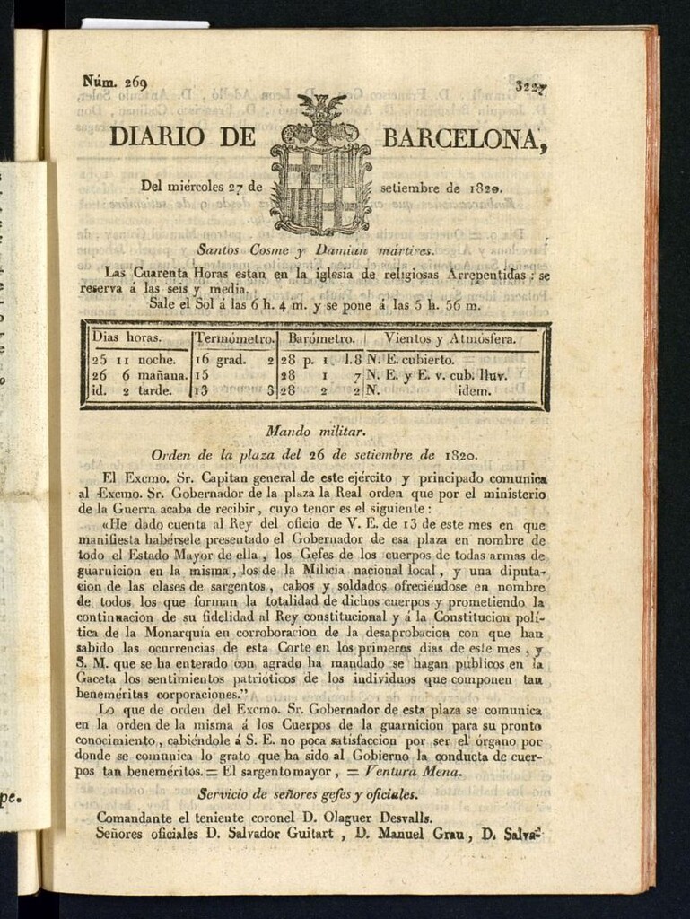 Miniatura de Diario de Barcelona del 27 de septiembre de 1820