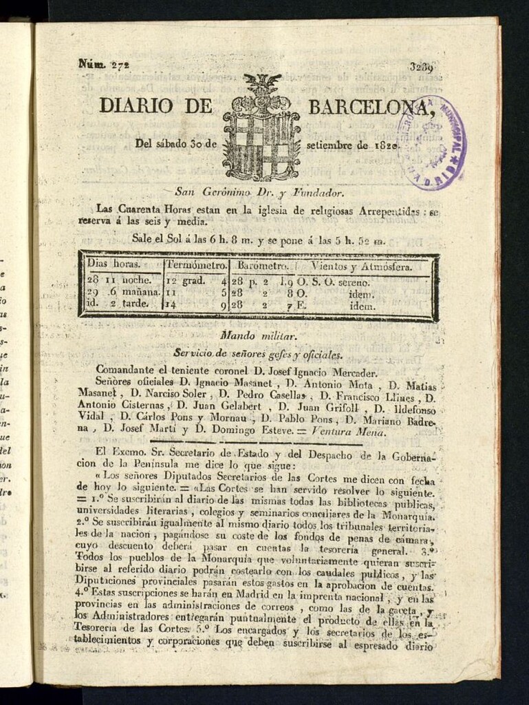 Miniatura de Diario de Barcelona del 30 de septiembre de 1820