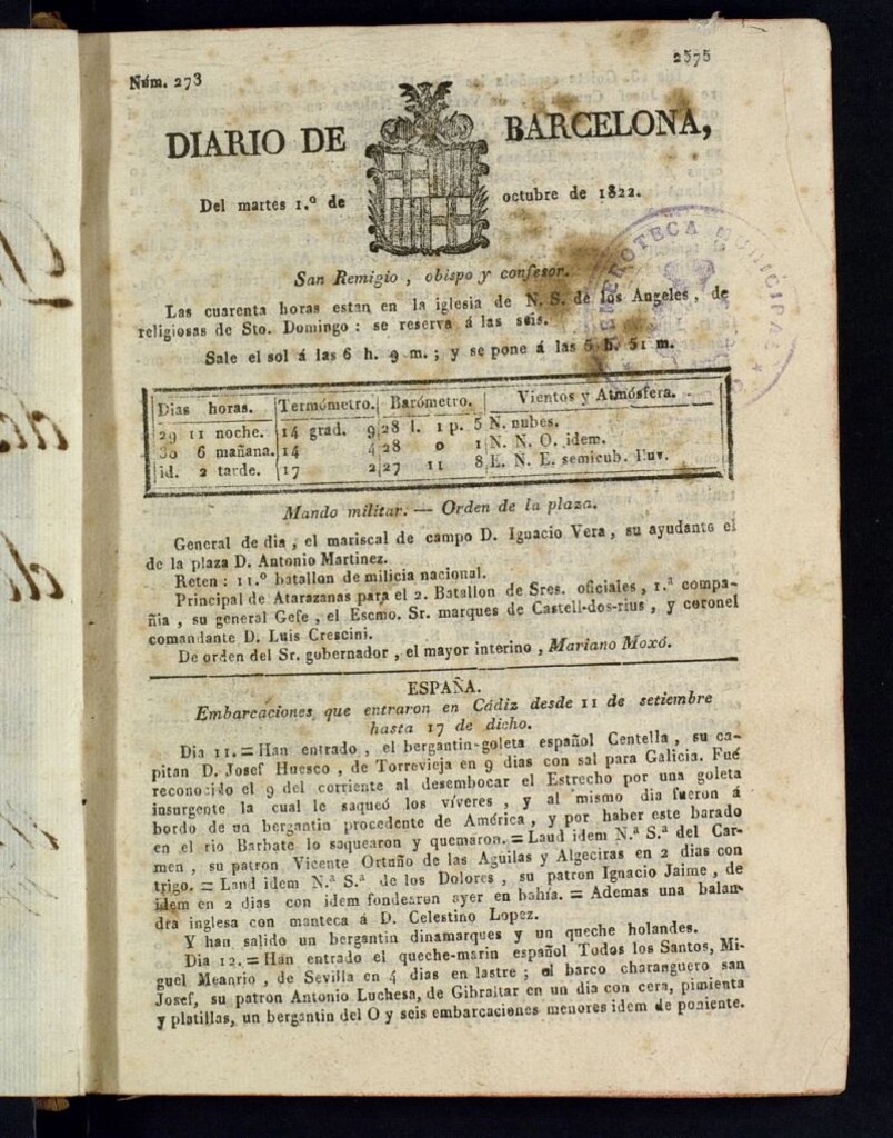 Miniatura de Diario de Barcelona del 1 de octubre de 1822
