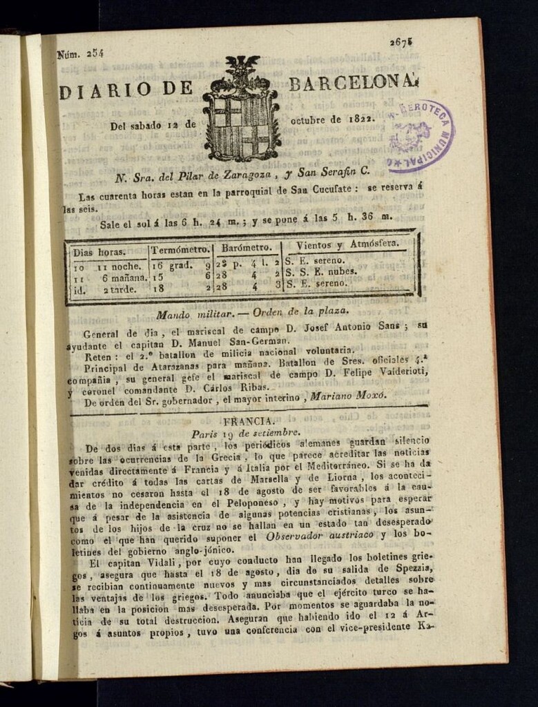 Miniatura de Diario de Barcelona del 12 de octubre de 1822