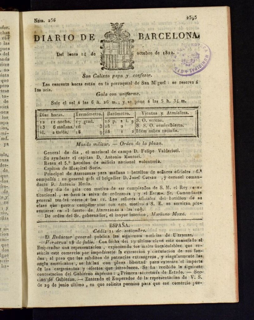 Miniatura de Diario de Barcelona del 14 de octubre de 1822