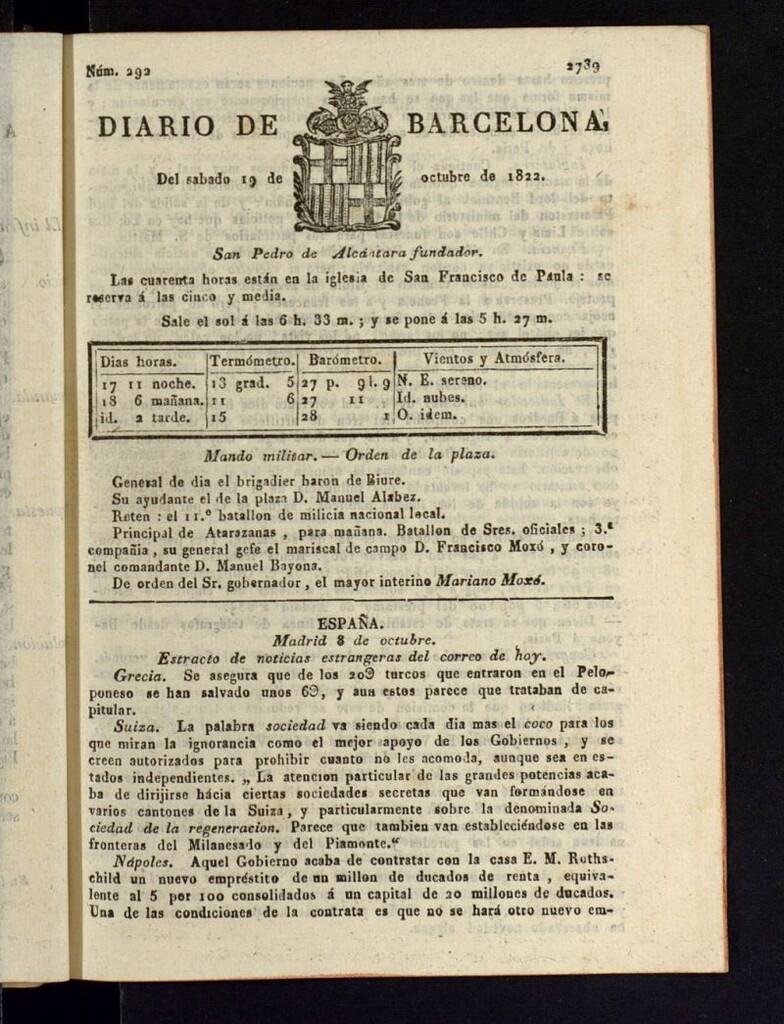 Miniatura de Diario de Barcelona del 19 de octubre de 1822