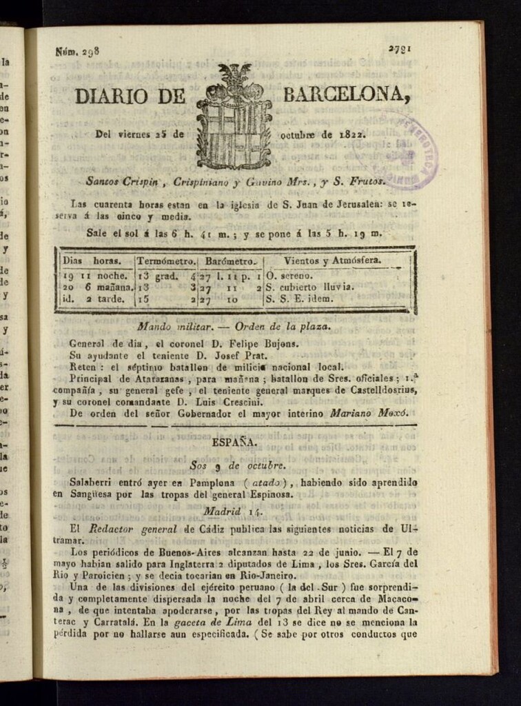 Miniatura de Diario de Barcelona del 25 de octubre de 1822