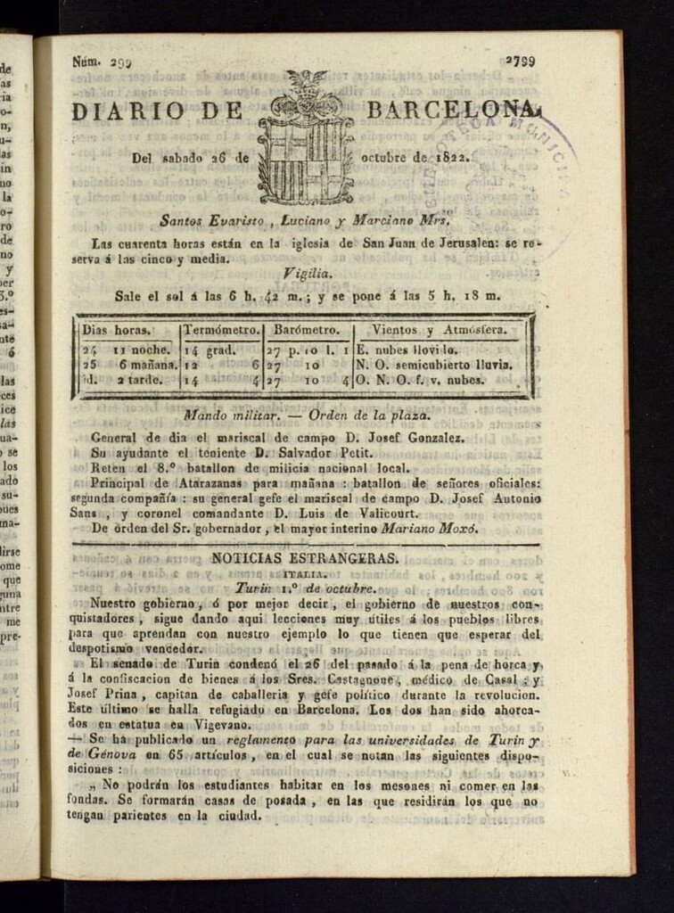 Miniatura de Diario de Barcelona del 26 de octubre de 1822
