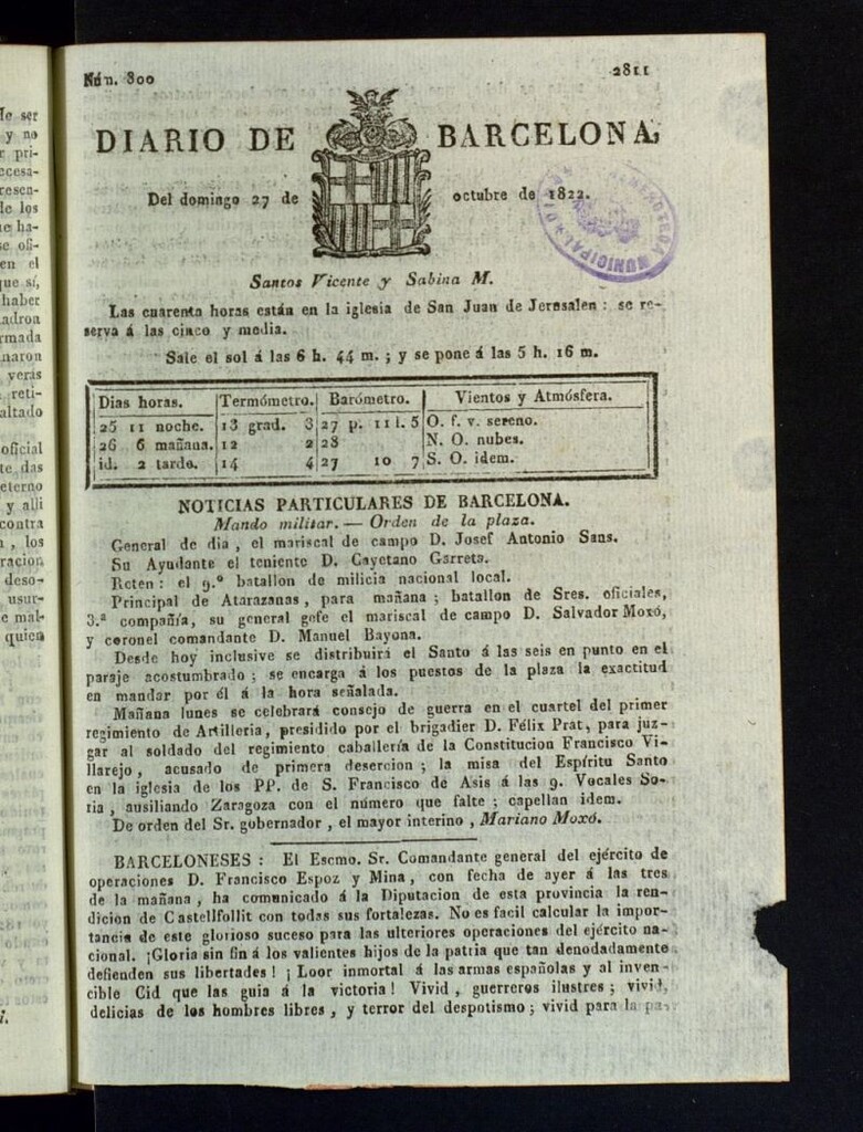 Miniatura de Diario de Barcelona del 27 de octubre de 1822