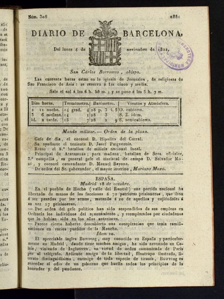 Miniatura de Diario de Barcelona del 4 de noviembre de 1822