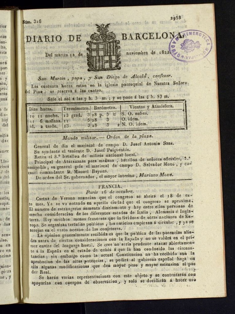 Miniatura de Diario de Barcelona del 12 de noviembre de 1822