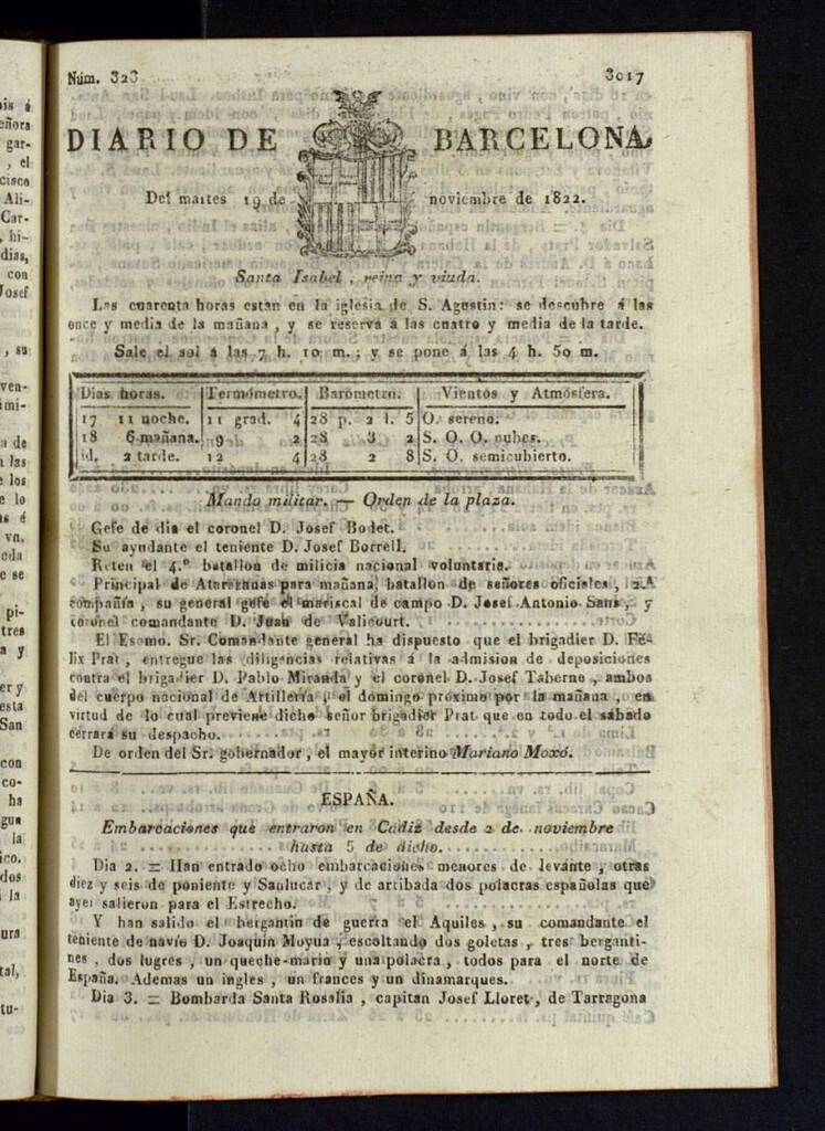 Miniatura de Diario de Barcelona del 19 de noviembre de 1822