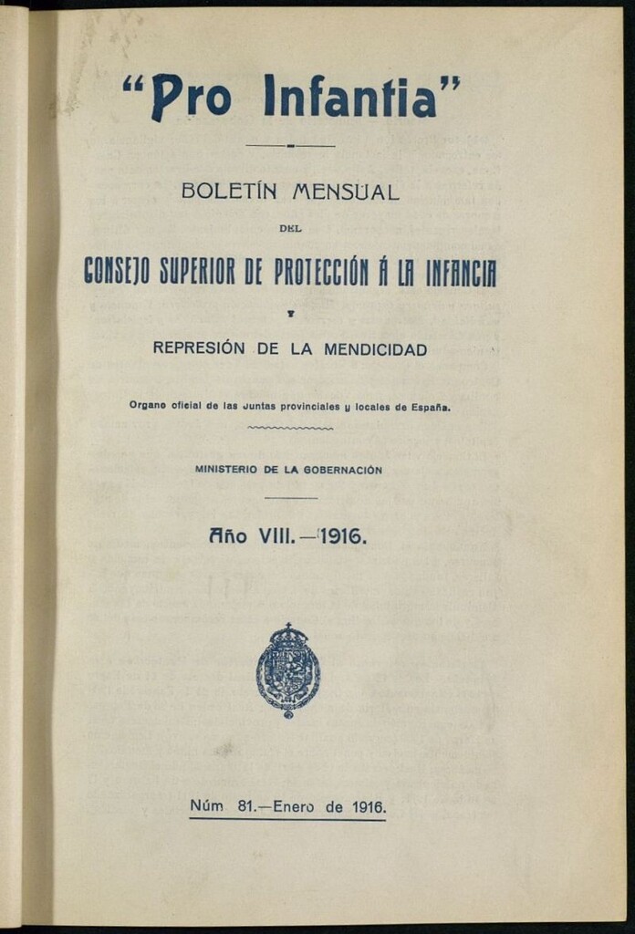 Miniatura de Pro Infantia : boletín del Consejo Superior de Protección a la Infancia y Represión de la Mendicidad de de enero de 1916