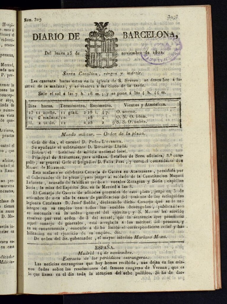 Miniatura de Diario de Barcelona del 25 de noviembre de 1822