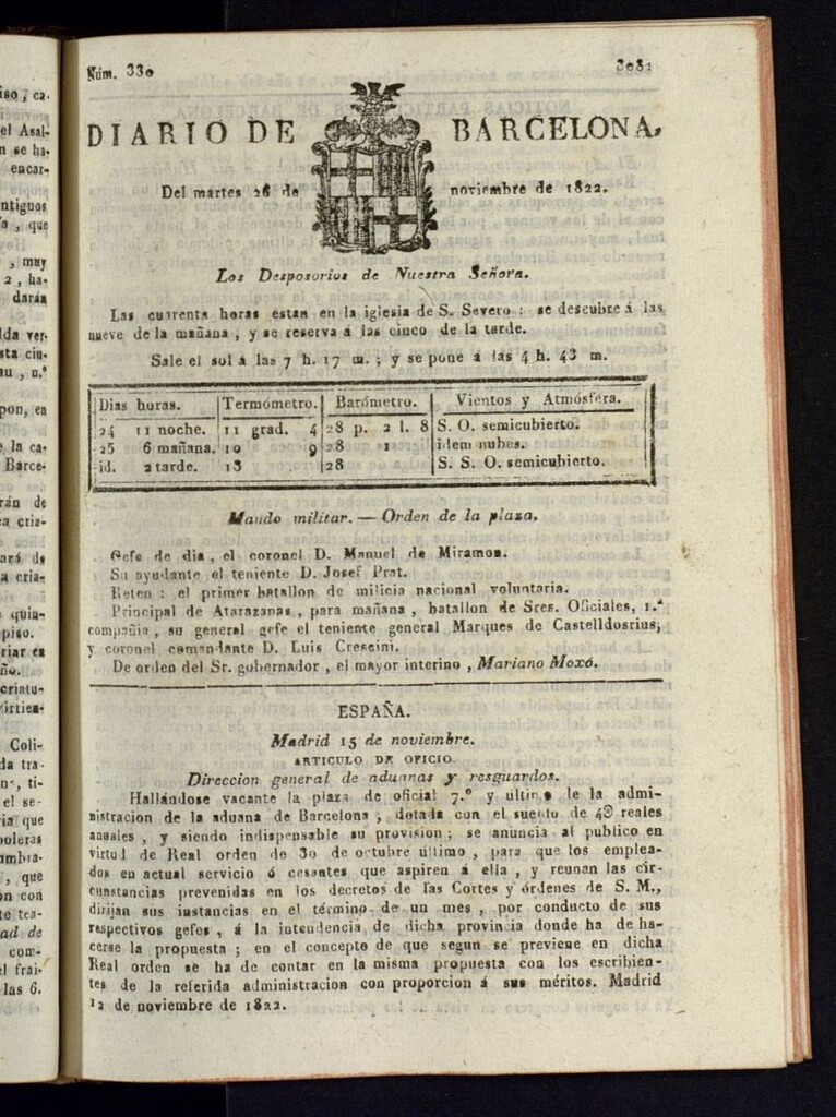 Miniatura de Diario de Barcelona del 26 de noviembre de 1822