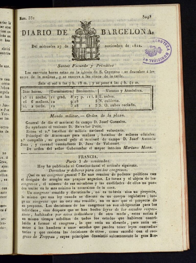 Miniatura de Diario de Barcelona del 27 de noviembre de 1822