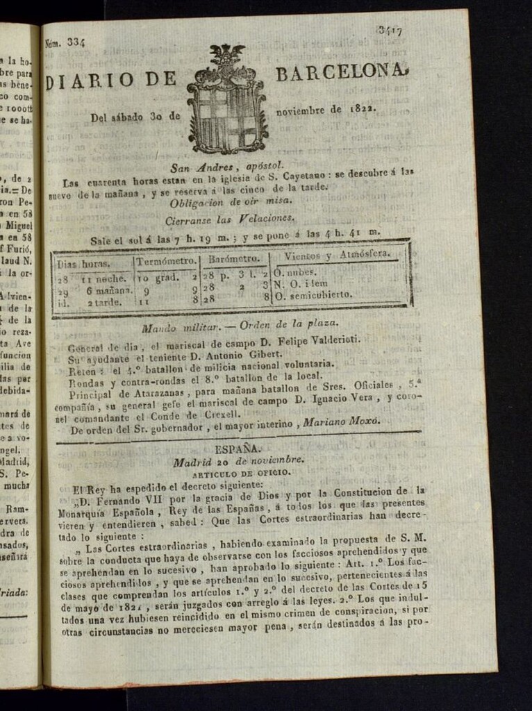 Miniatura de Diario de Barcelona del 30 de noviembre de 1822