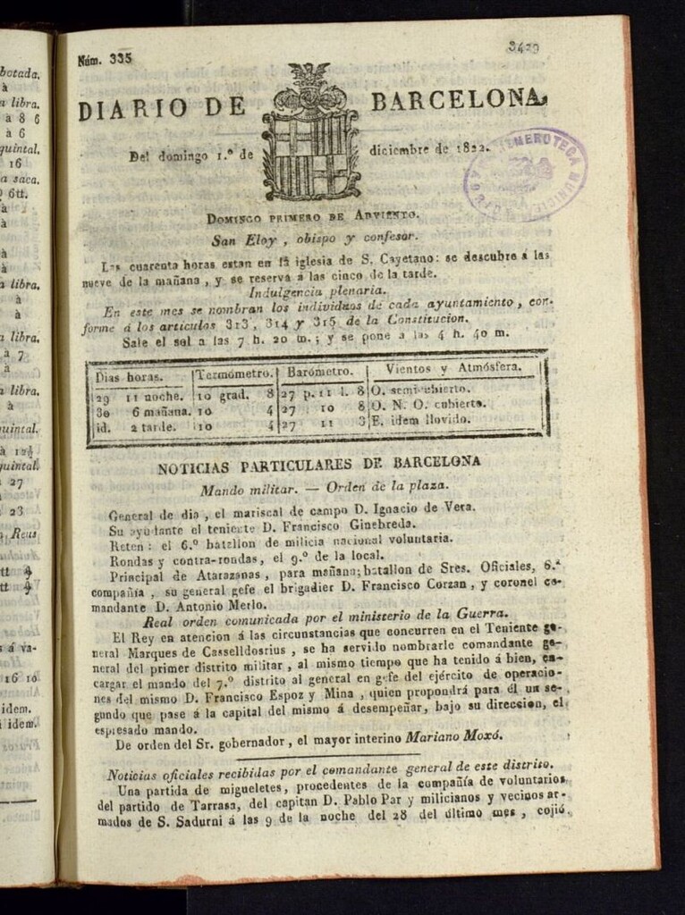 Miniatura de Diario de Barcelona del 1 de diciembre de 1822