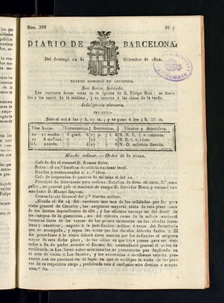 Miniatura de Diario de Barcelona del 22 de diciembre de 1822