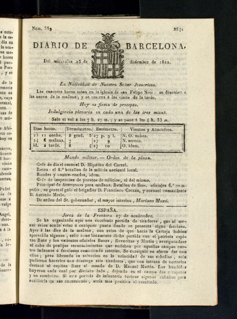 Miniatura de Diario de Barcelona del 25 de diciembre de 1822
