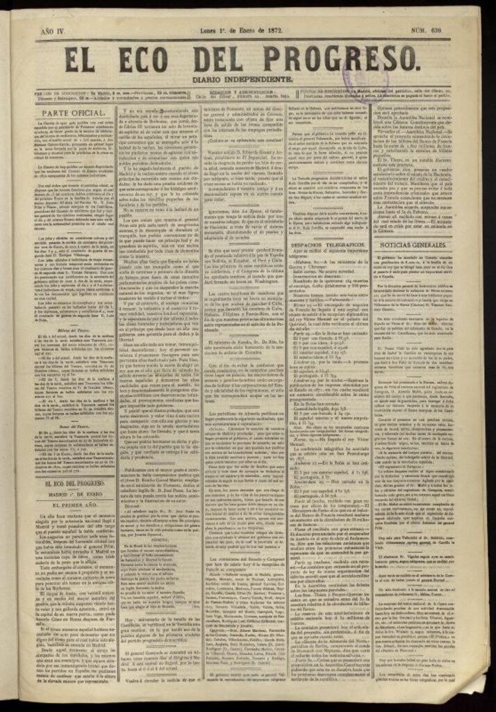 Miniatura de El Eco del Progreso : diario independiente. 1 de enero de 1872, nº 639