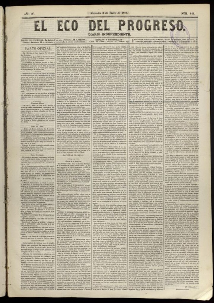 Miniatura de El Eco del Progreso : diario independiente. 3 de enero de 1872, nº 641