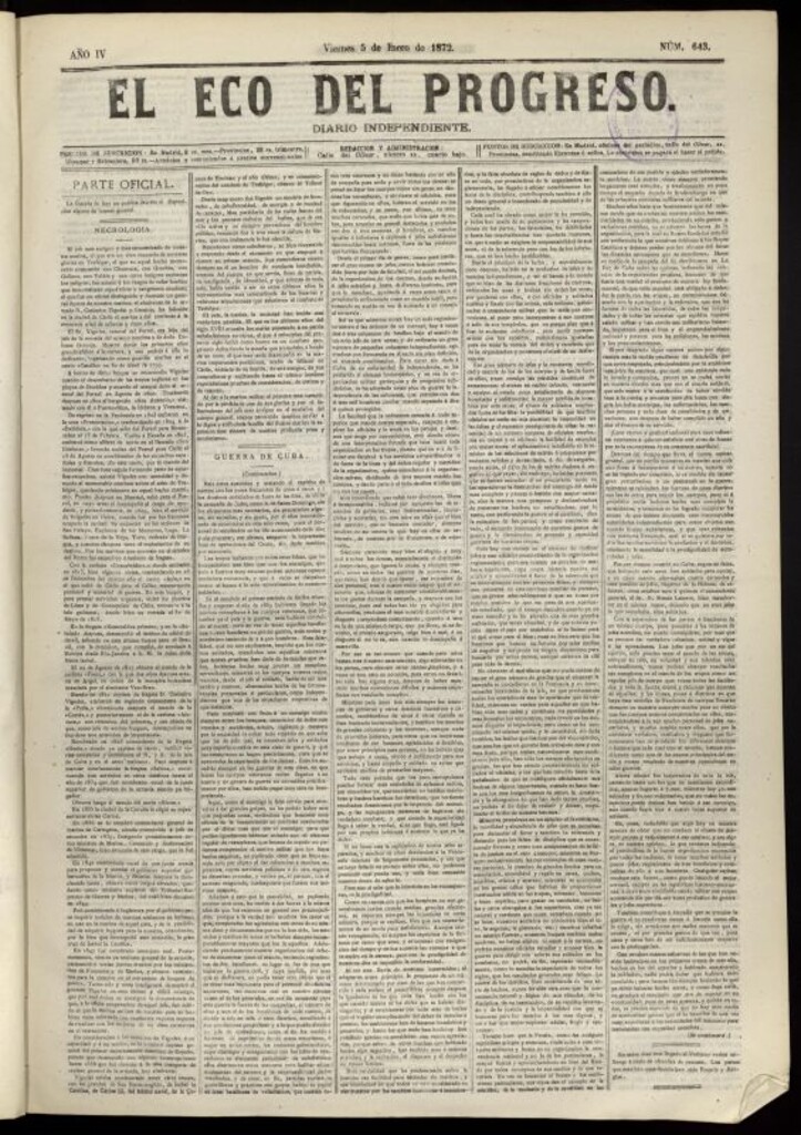 Miniatura de El Eco del Progreso : diario independiente. 5 de enero de 1872, nº 643