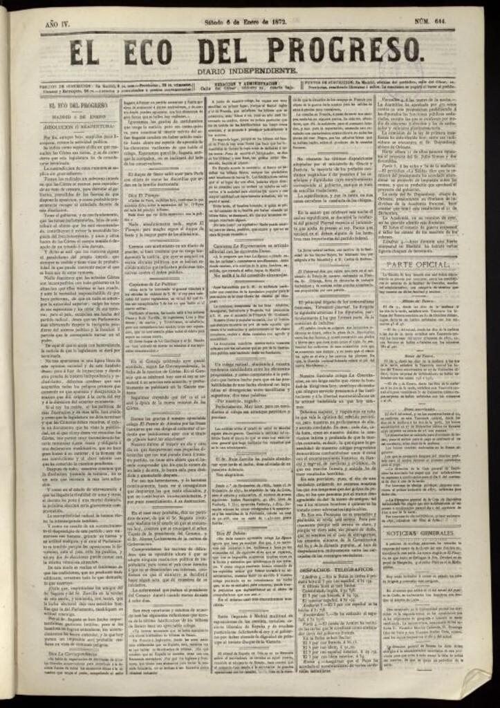 Miniatura de El Eco del Progreso : diario independiente. 6 de enero de 1872, nº 644