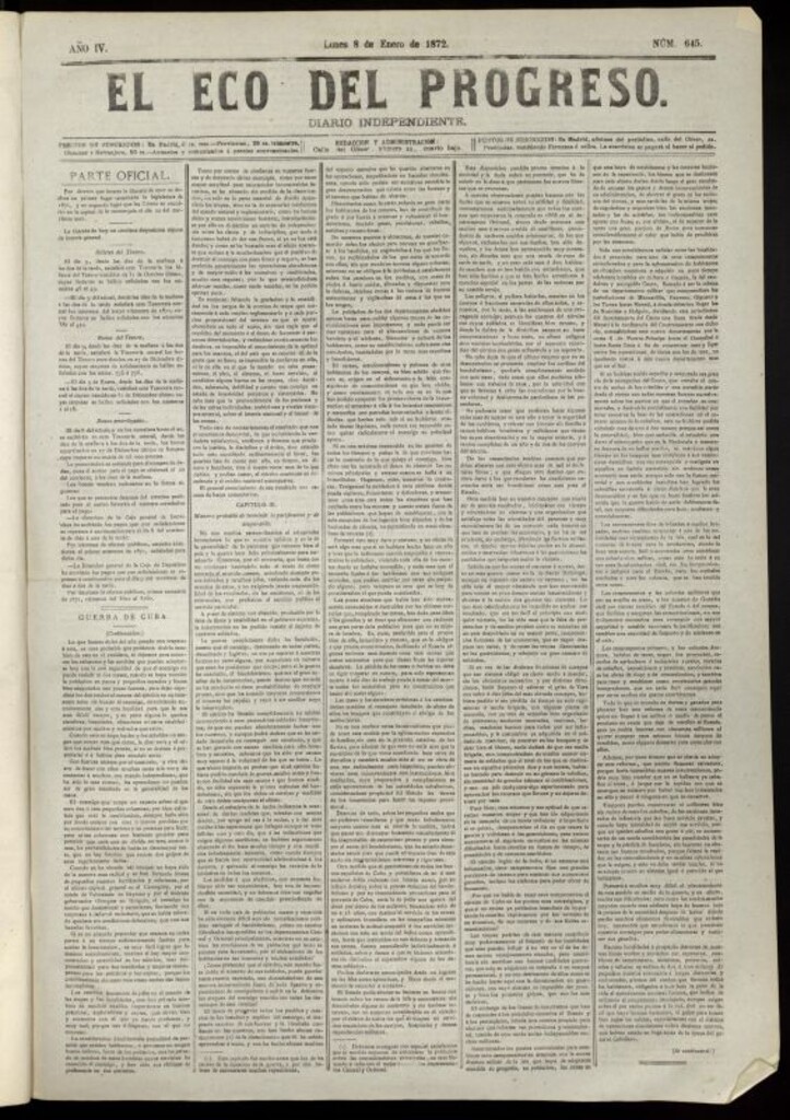 Miniatura de El Eco del Progreso : diario independiente. 8 de enero de 1872, nº 645