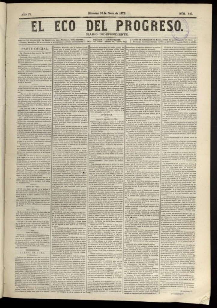 Miniatura de El Eco del Progreso : diario independiente. 10 de enero de 1872, nº 647