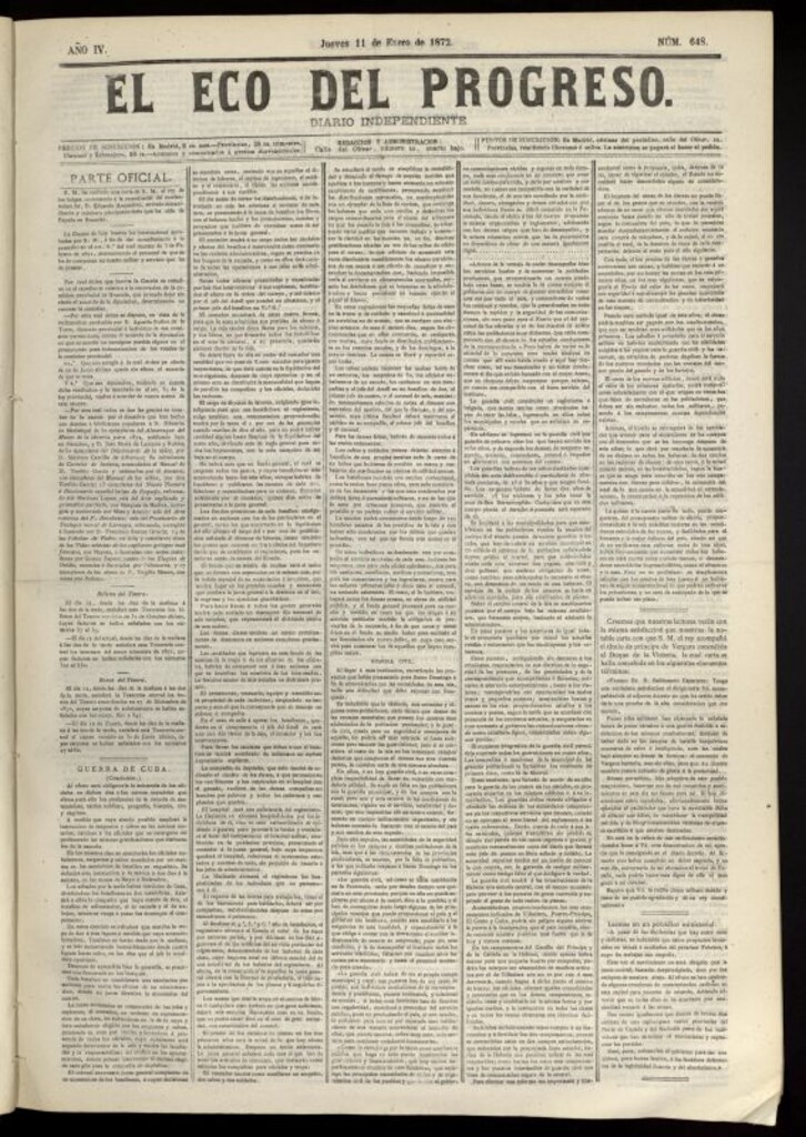 Miniatura de El Eco del Progreso : diario independiente. 11 de enero de 1872, nº 648