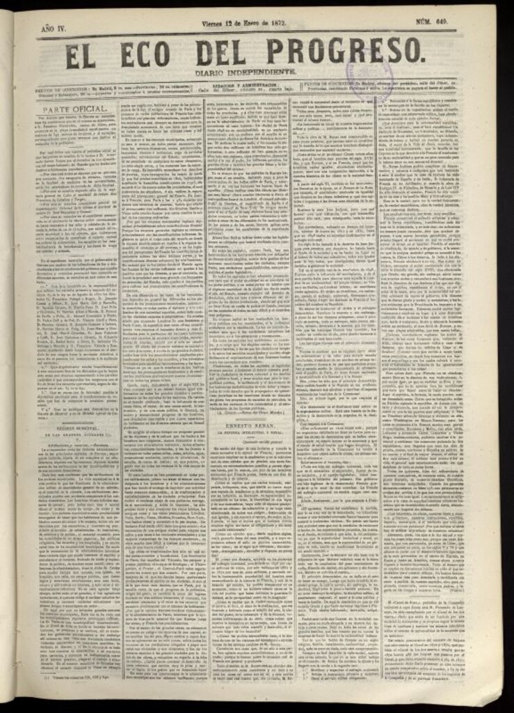 Miniatura de El Eco del Progreso : diario independiente. 12 de enero de 1872, nº 649