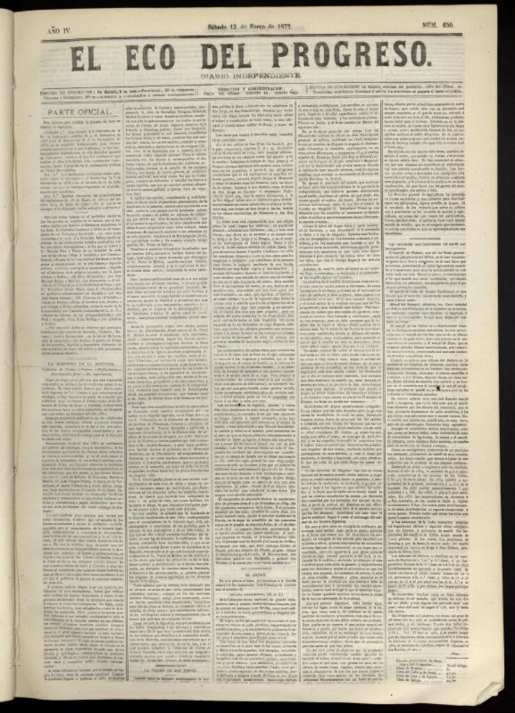 Miniatura de El Eco del Progreso : diario independiente. 13 de enero de 1872, nº 650