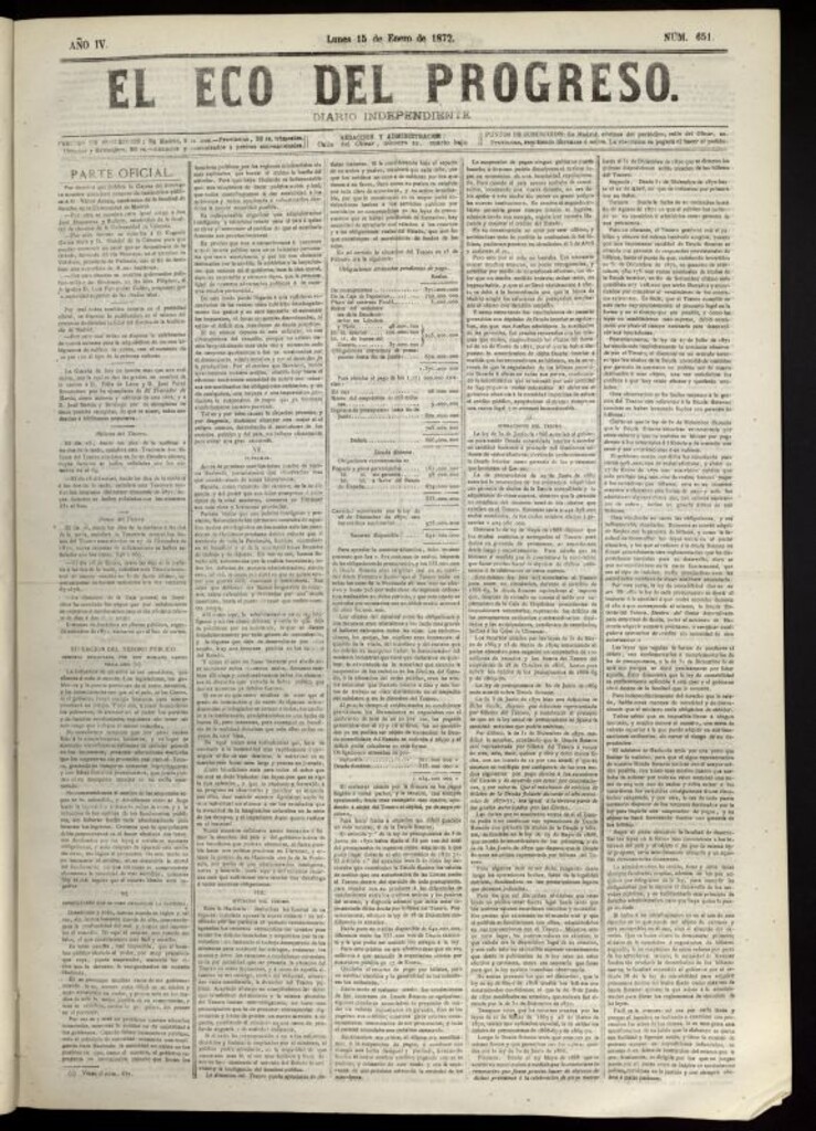 Miniatura de El Eco del Progreso : diario independiente. 15 de enero de 1872, nº 651