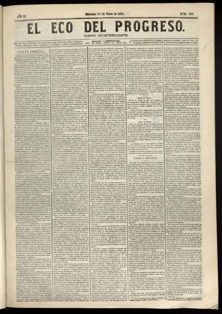 Miniatura de El Eco del Progreso : diario independiente. 17 de enero de 1872, nº 653
